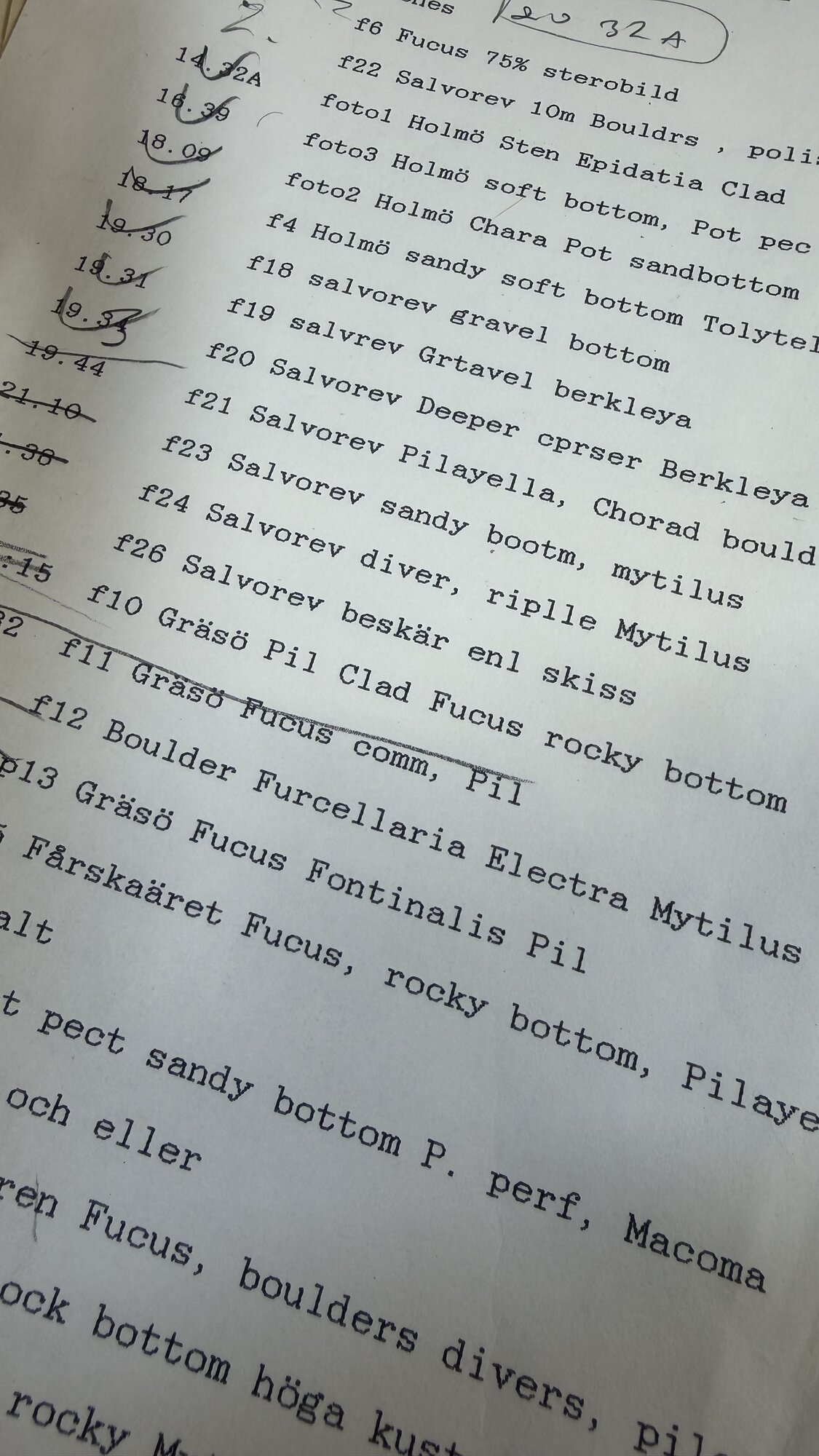 Typewritten field notes referencing locations such as Salvorev and species including Fucus, Cladophora, Furcellaria and Fontinalis.